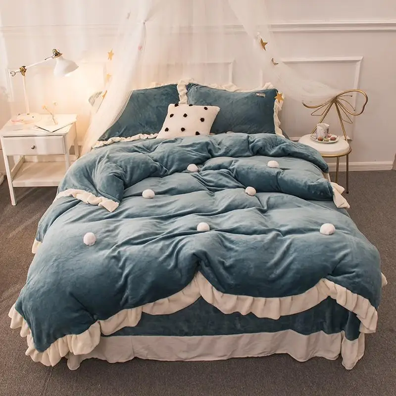

Thick Fleece Warm Bedding Set Queen King size Pink Purple Brown color Princess Bed set Duvet cover Bed sheet set Pillowcase