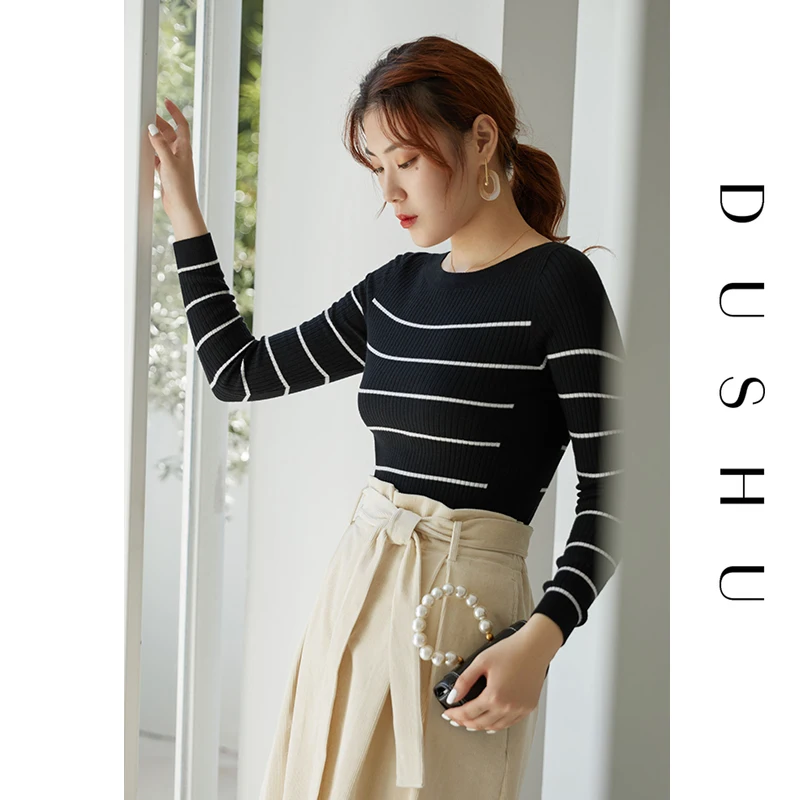 

Женский свитер в полоску DUSHU, черный приталенный трикотажный пуловер с круглым вырезом в стиле ретро, базовый джемпер для осени и зимы