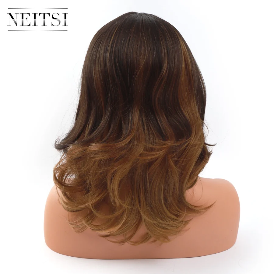 Neitsi Synthetic Lace Front Wig Wavy Ombre Brown Color Medium Length For Women Heat Resistant Fiber Daily Wigs Hair | Шиньоны и парики