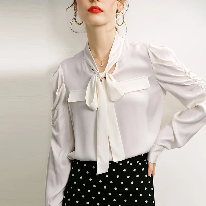 

92.3% Silk 7.7% Spandex Women's Shirt Lace Up Bow Collar Long Pick Up Sleeves Fashion High Street Blouse Tops
