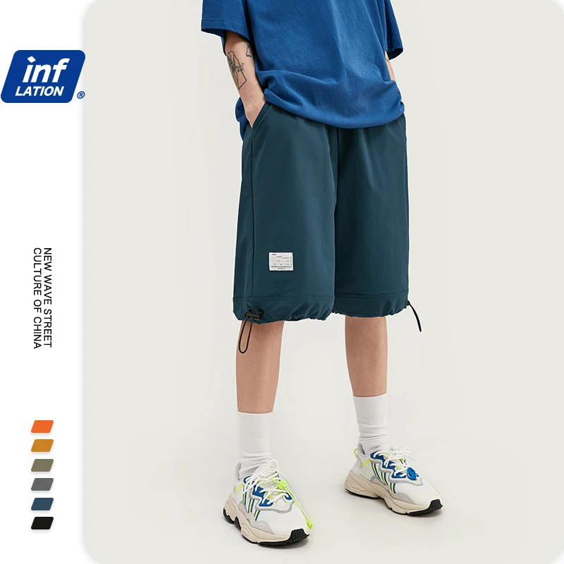 

INFLATION Elastic Drawstring Shorts Men Summer Loose Style Straight Skateboard Shorts Mens Street Wear Hip Hop Shorts 9317S