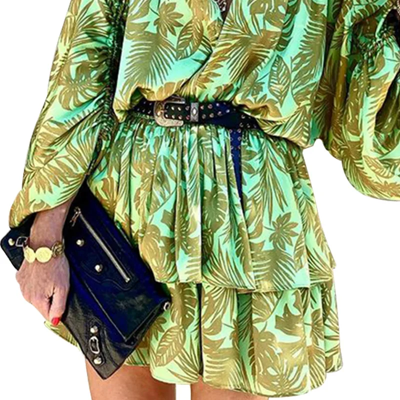 

Autumn Loose Green Print V Neck Dress Women Casual Long Lantern Sleeve Dress Ruffle Boho Female 2021 Mini Beach Vaction Vestido
