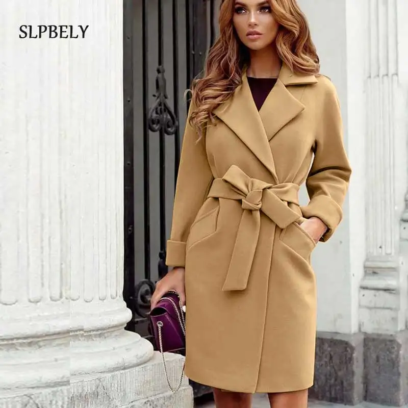 

SLPBELY Winter Women Woolen Coat Lace Up Lapel Women's Coat With Belt Solid Office Outerwear Wool & Blends Elegant Jacket Tops