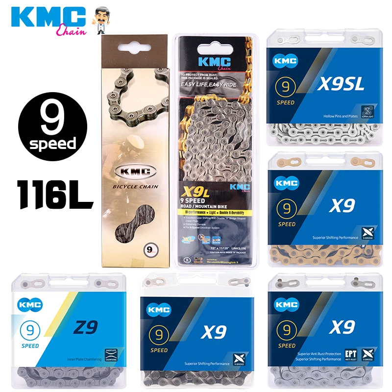 

KMC Bicycle 9 Speed Chain X9SL X9 Z9 Z99 MTB Road Bike Chains 116 Links with Magic Buckle 9V Chain for Shimano SRAM Crankset