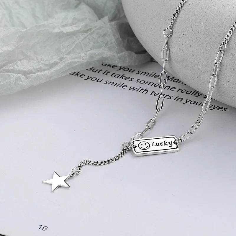 

S925 Sterling Silver Korean Style Street Fashion Niche Design Smile Square Star Pendant Tassel Necklace Christmas Present