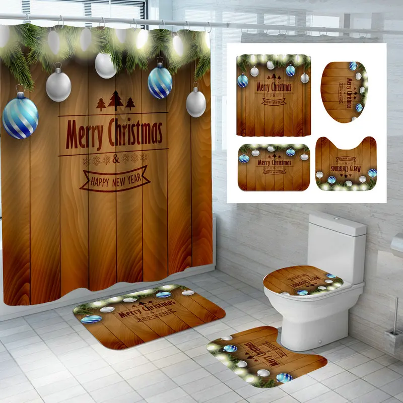 christmas series santa claus golden bell printed waterproof bathroom shower curtain xmas toilet cover soft flannel mat 4pc set free global shipping