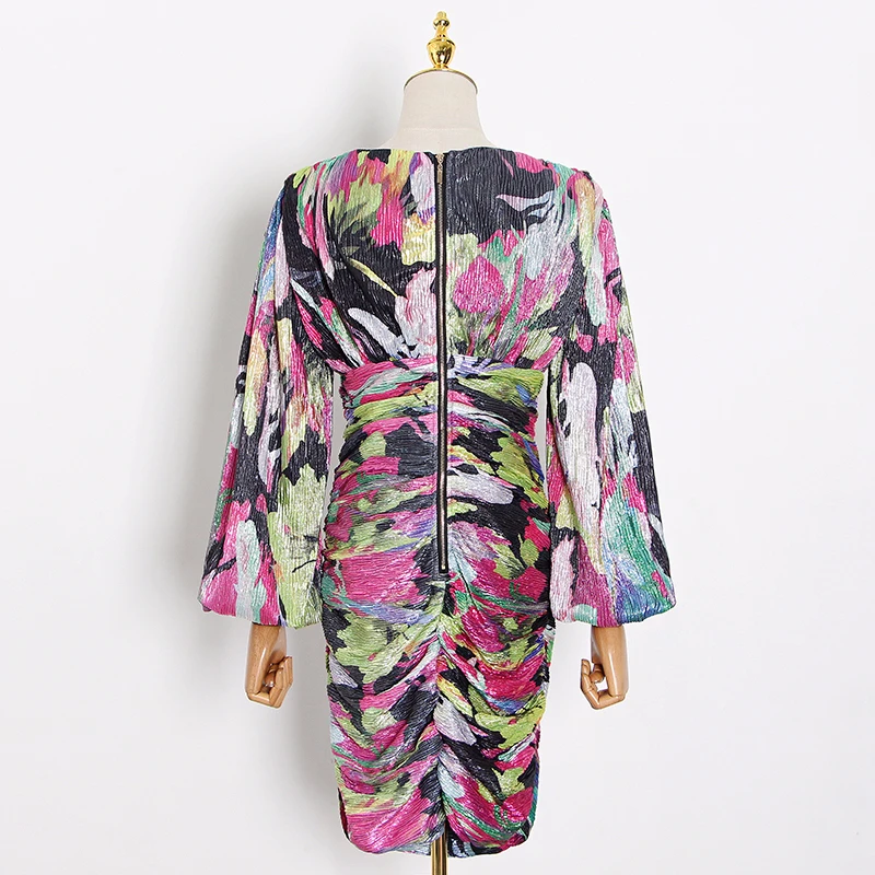 

VGH Sexy Party Patchwork Print Dress For Women V Neck Lantern Sleeve High Waist Slim Mini Dresses Female New Clothes 2020 Summer