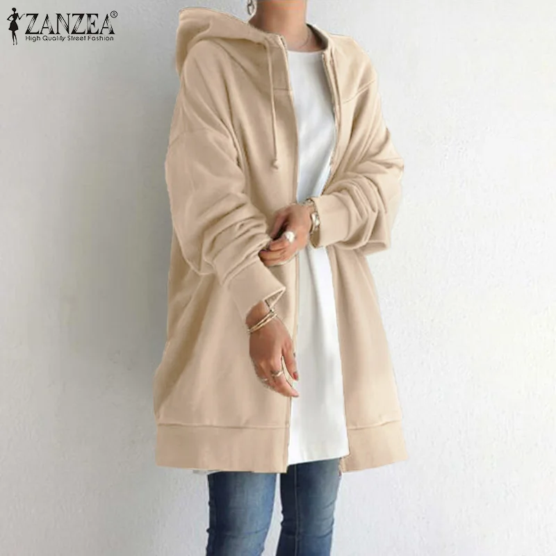

Элегантные толстовки ZANZEA 2021, женские толстовки с капюшоном, Повседневная Верхняя одежда на молнии с длинным рукавом, Женские однотонные топ...