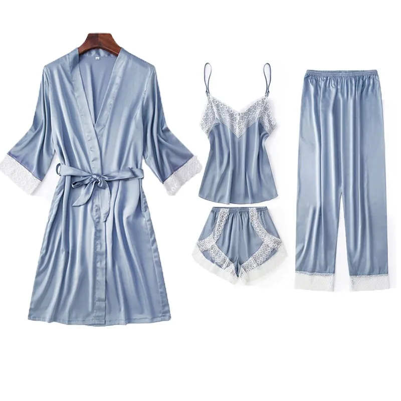 

Women 7PCS Pajamas Suit Sexy V-neck Strap Top&Pant Home Wear Autumn Casual Sleepwear Satin Nightwear Sweet Lace Trim Bathrobe