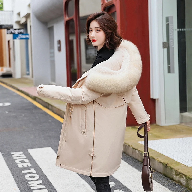 

Long Parkas Women Thick Wool Liner Hooded with Fur Solid Zipper Ladies Casual Winter Jacket Warm Coats Outwear for Female