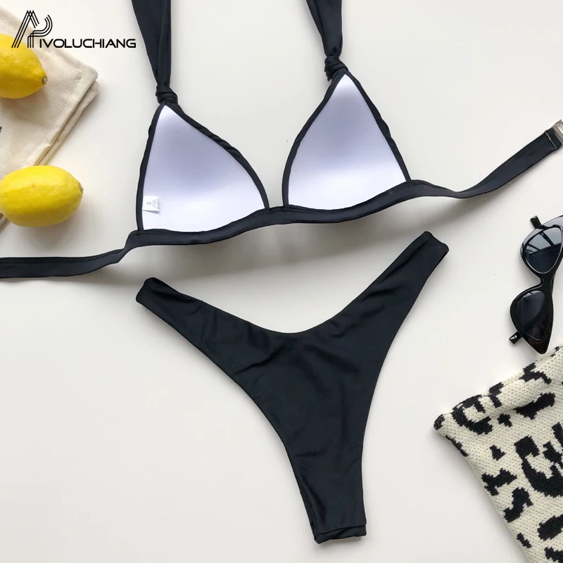 Однотонный комплект бикини купальник с лямкой на шее Женский треугольный 2020