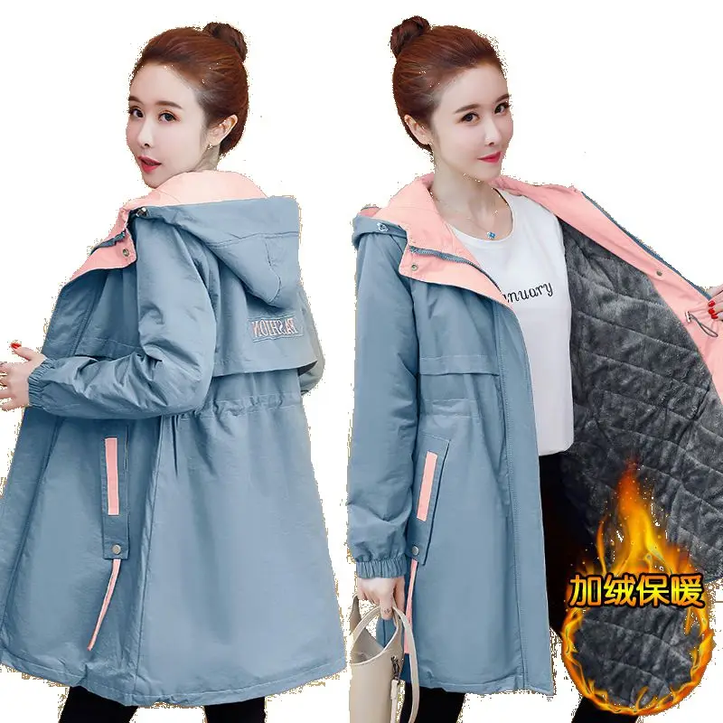 

New coat female Autumn winter fashion Windbreaker coat plus velvet hooded Outwear Tops coats Youth designer women clothes trench