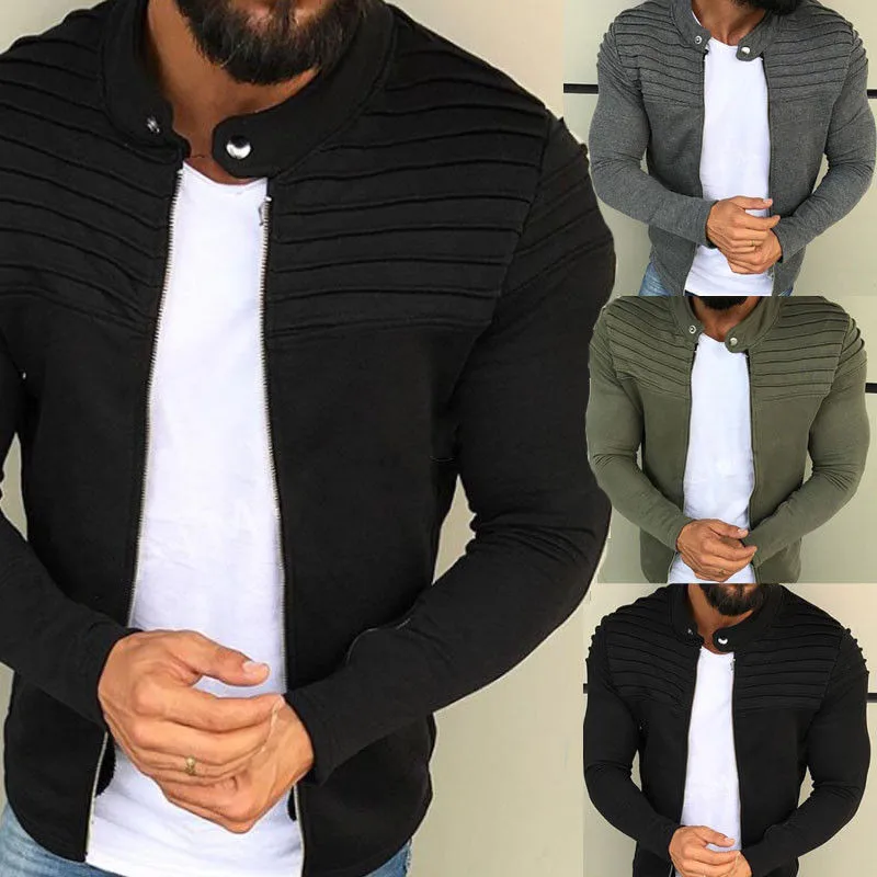 

Men's Autumn Pleats Slim Striped Fit Raglan Zipper Long Sleeve Top Coat Chaqueta Hombre Mens Jackets And Coats Jaqueta Masculina
