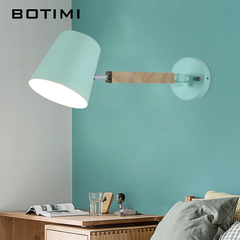 Современный светодиодный настенный светильник BOTIMI с металлическим абажуром для спальни, деревянные настенные бра для чтения, регулируемые прикроватные светильники