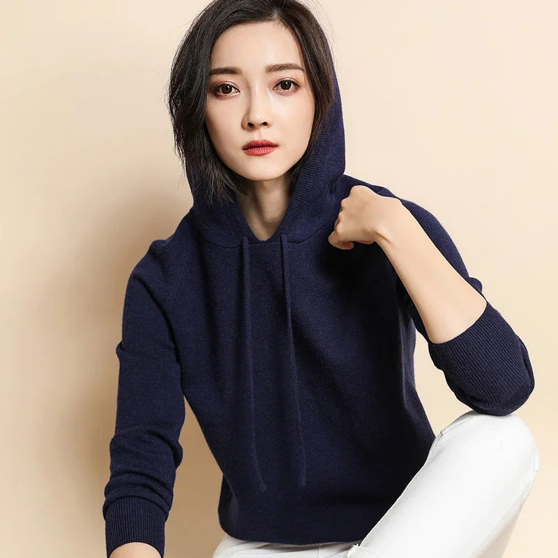 Женский свитер с капюшоном осенний и зимний вязаный пуловер свободный синий