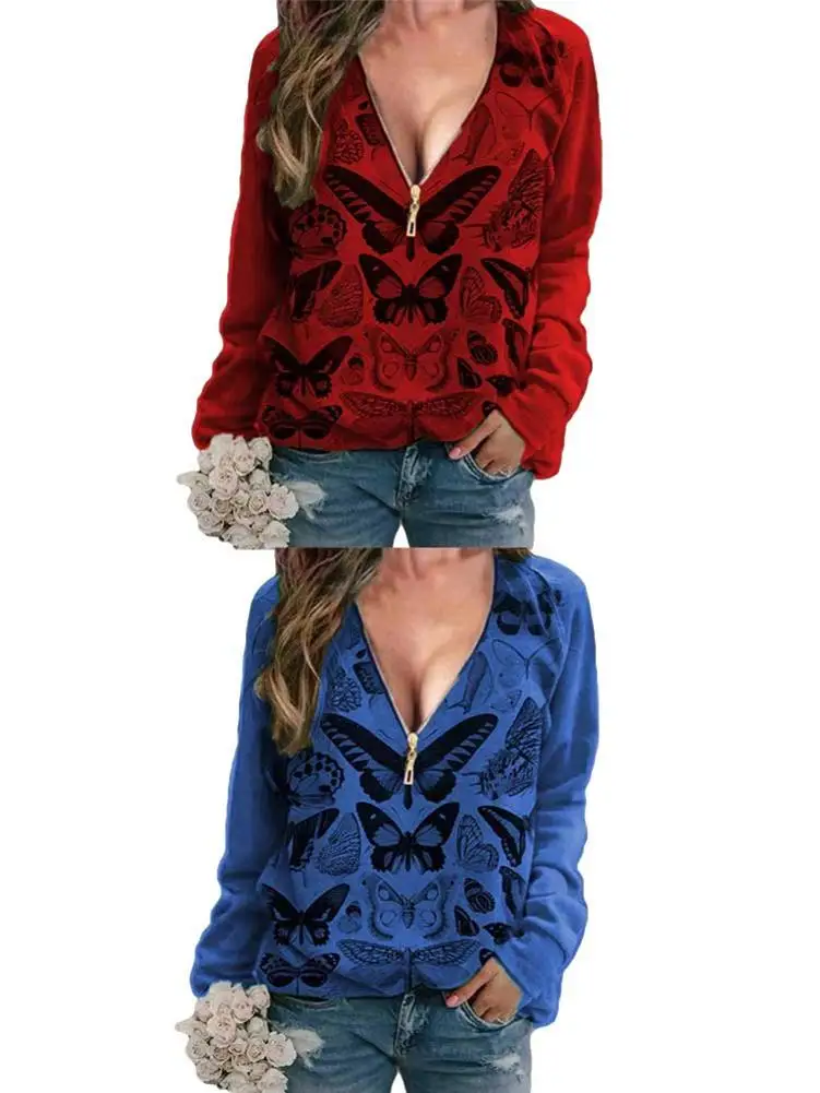 

2021 Summer Long-Sleeved Blouse Pullover V-neck Butterfly Print Casual Loose Long Chiffon Blouse Shirt Top