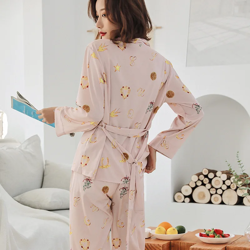 

Women Long Sleeve Turn-down Collar Pajama Set Silk Home Suit Pyjamas Womens Pijama Mujer Home Clothing