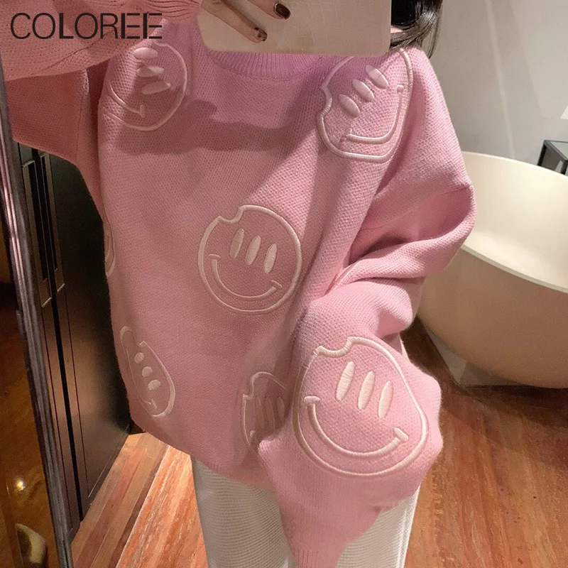 

Brand Designers Tops Mujer 2022 Autumn Winter Clothes O-neck Smile Face Embroidery Pull Femme Hiver Knitted Sweater Women