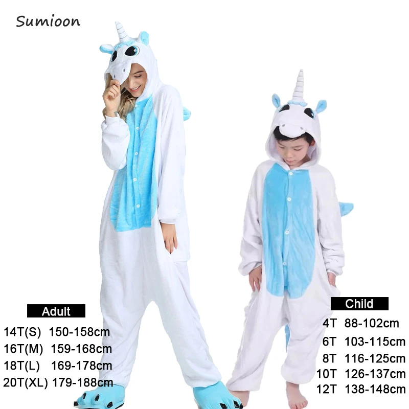 Kigurumi/пижамы для мальчиков и девочек; зимние женские пижамы с единорогом; пижамы с рисунком животных из мультфильма «Единорог»; Детские пижамы с капюшоном; одежда для сна; комбинезон - Цвет: Blue Unicorn