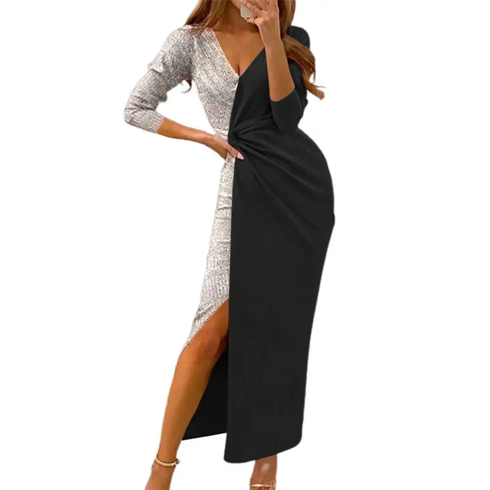 

Deep V-Neck Maxi Dress Women Elegant Waist Tight High Split Glitter Patchwork Long Sleeve Party Dress Bar Club