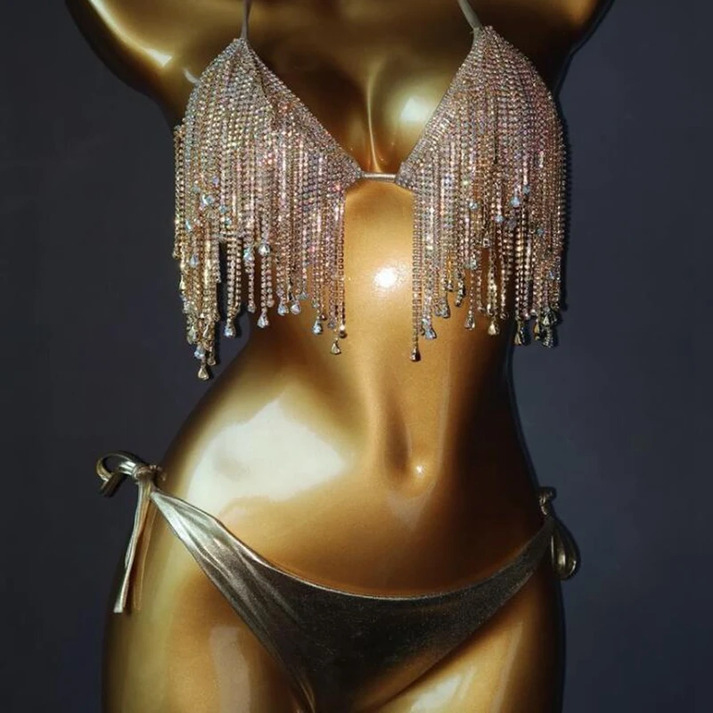

2021 Summer Woman Sexy Gold Silver Tassel Two Piece Bikini