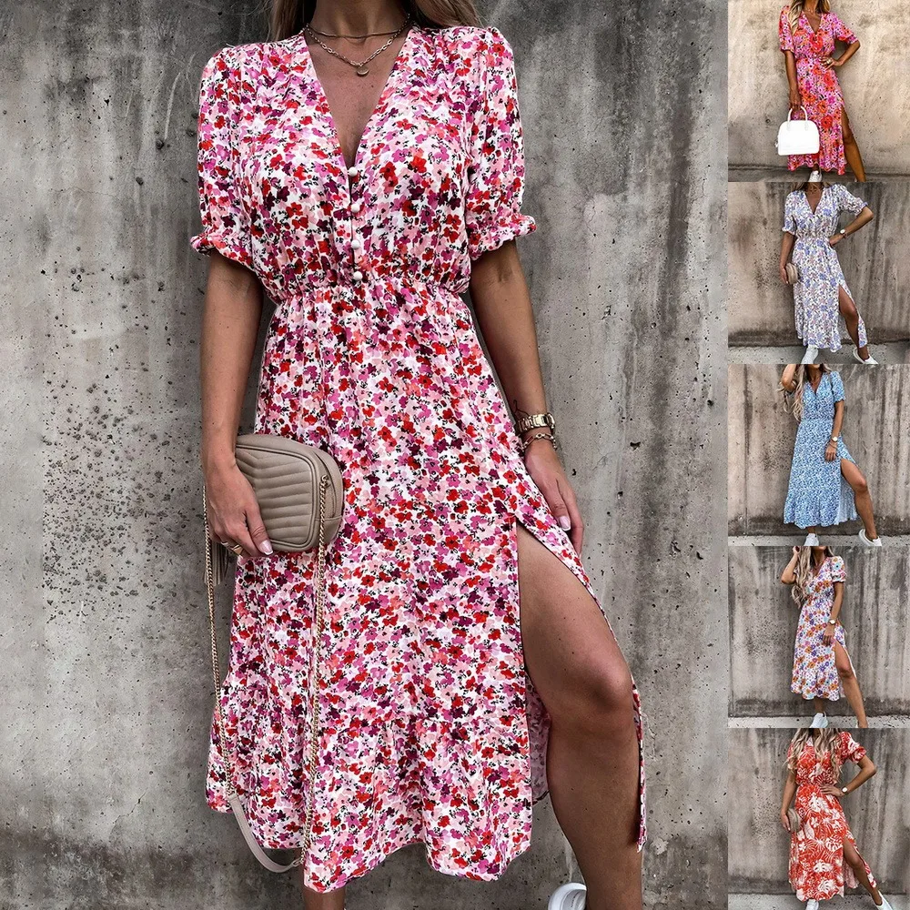 

Summer Sexy Slim Button V Neck Party Dress Elegant Gorgeous Floral Print A-Line Dress Women Fashion Short Sleeve Slit Long Dress