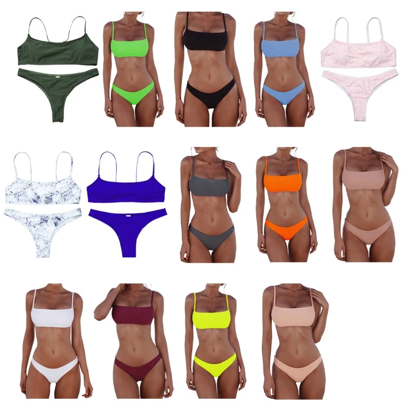 

Women Sexy Push Up Bra Low Waist Thongs Solid Color Bikini Set Triangle Swimsuit