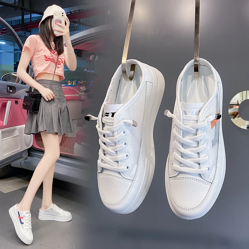 

Half drag small white shoes 2021 autumn new thick bottom breathable running board shoes women's casual Korean version