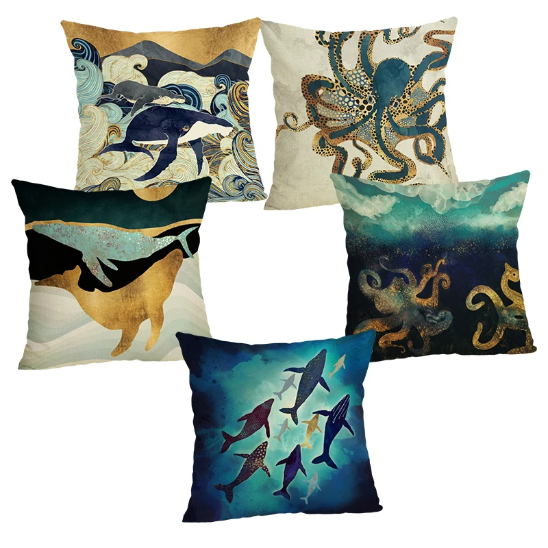 Whale Printed Cushion Cover Octopus Pattern Throw Pillow Home Decor Linen Cotton Square Multicolor Pillowcase | Дом и сад
