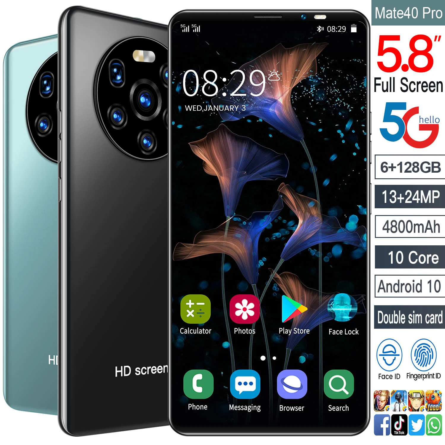 Смартфон Mate40 Pro 5 8 дюйма + 256 ГБ Android 10 0 24 48 МП 4800 мАч | Мобильные телефоны и