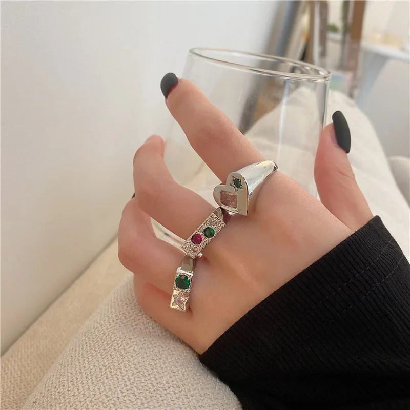 

Ins Heart Shape Gem Rings Green Pink Rhinestone Heart Simple And Cold Retro Style Jewelry Party Memento Birthday Gift