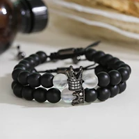 2022 fashion 8mm black natural stone cz micro pave crown king queen beads his and hers couple bracelet adjustable