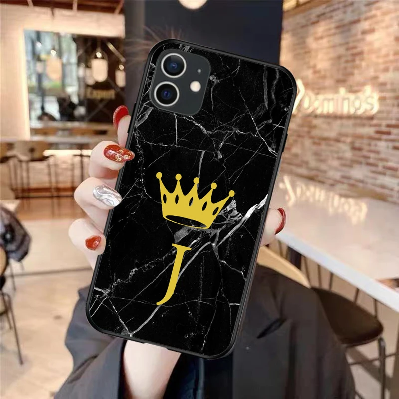 

Black Marble Crown 26 English Alphabet Phone Case For iPhone 12 mini 11 Pro MAX XR XS Soft Silicone TPU Custom Name Cover Copue