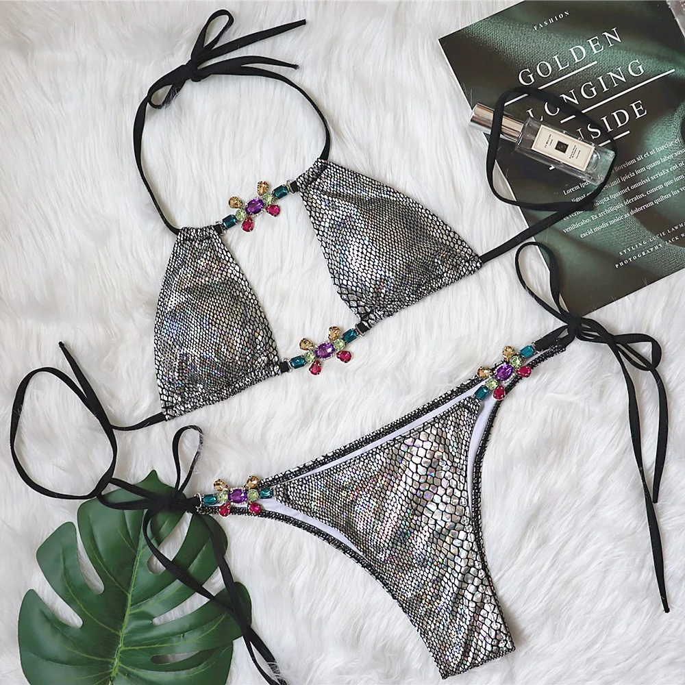 

Bikini 2021 Low Waist Hollow Out Sexy Bikini Set Two Pieces Bandage Brazilian Swimwear Separate Halter Beachwear Bathing Suit