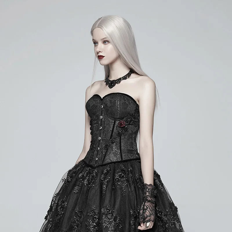 Женский жаккардовый корсет в стиле панк готический черный с украшением красной