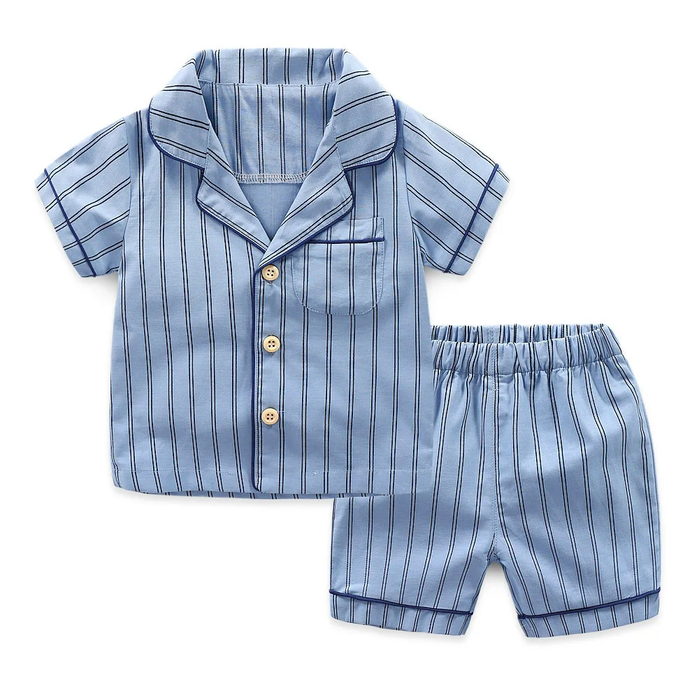 

Boy's Short Sleeve Turn-Down Collar Vertical Stripes Casual Fashion Home Wearing Sets Cotton Short Shirts+Shorts 2PCS Sets