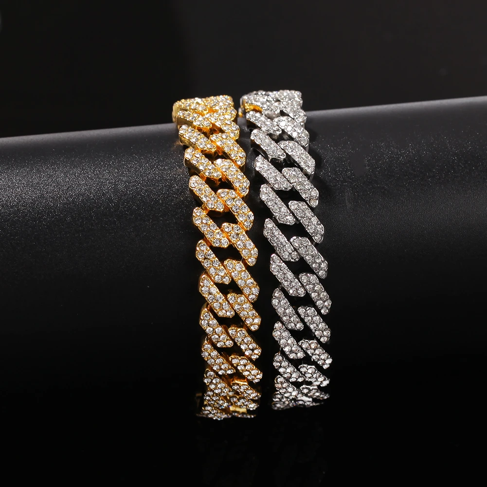BLING KING 12 мм Bling S-Link, кубинские браслеты из США, золотого цвета, со стразами, хип-хоп, мужские браслеты, модные ювелирные изделия