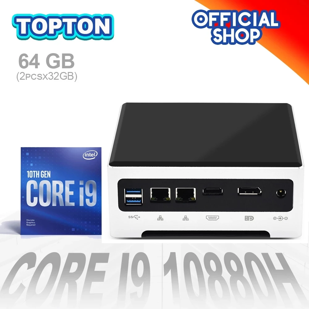 TOPTON Самый дешевый i7 i9 Мини ПК Intel Core i9 10880H 9880H Windows 10 Pro Barebone мини настольный компьютер 2 * DDR4 4K HTPC minipc 2 NIC - изображение