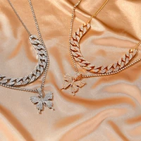 2021retro fashion crystal chain vintage gold silver butterfly necklace for women pendant layered chocker jewelry