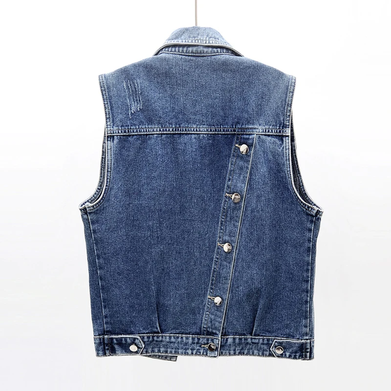 Весенне-летний винтажный потертый синий джинсовый жилет женский Карманный жакет