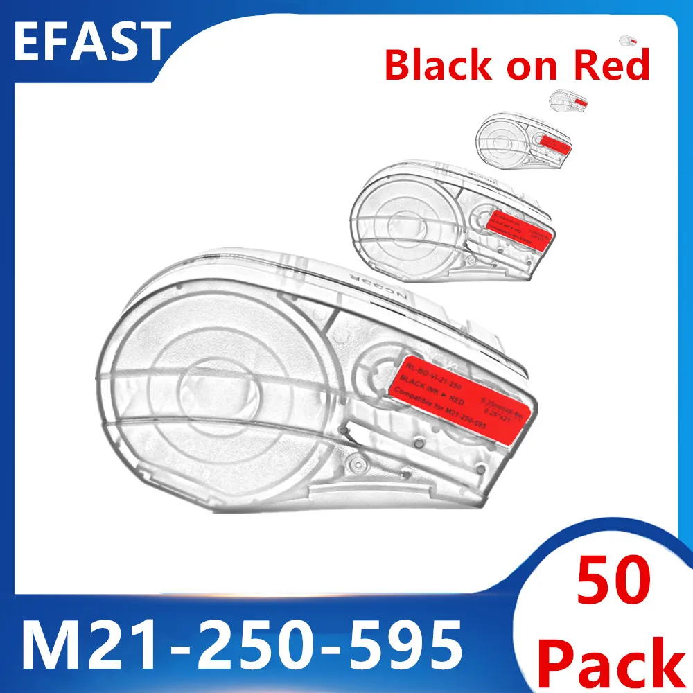 

50 Pack M21 250 595 Vinyl Label Ribbon Black on Red For BMP21 PLUS Printer Black On White M21-250-595 6.35mm * 6.4m