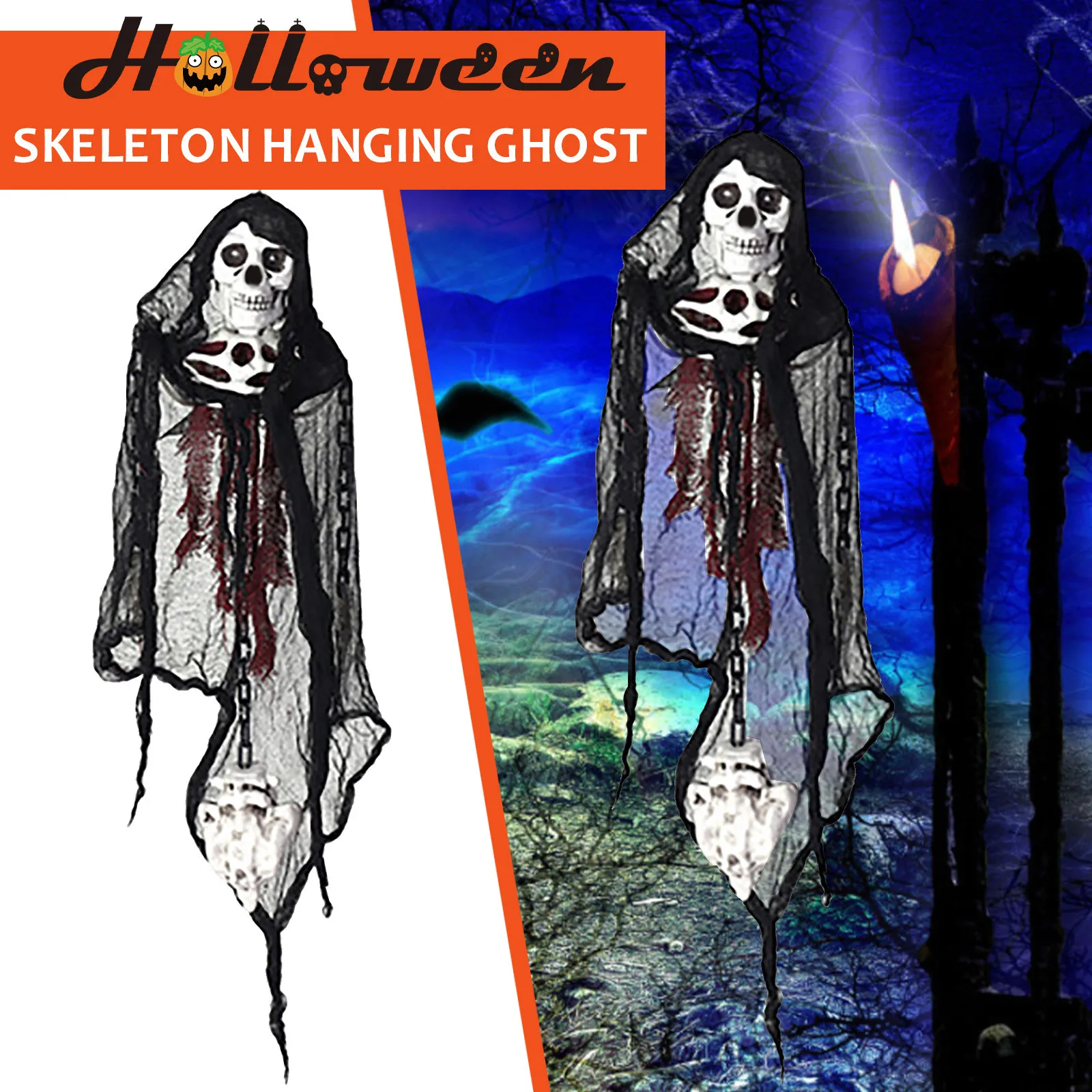 

Halloween Decoration Skull Skeleton Tombstone Ghost Hanging Stretchy Grim Reaper Horror Props Home Haunted House Decoration