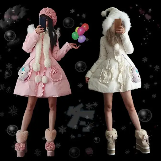 Зимний пуховик в стиле Лолиты куртка парка с капюшоном ведьмы пальто платье