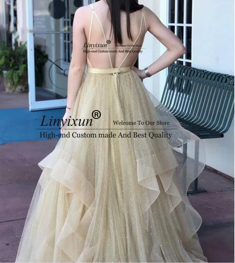 

Spaghetti Straps Yellow Prom Dresses V-neck Sleeveless Tulle Prom Gown 2020 Long Evening Dresses Bling Bling Robe De Soiree