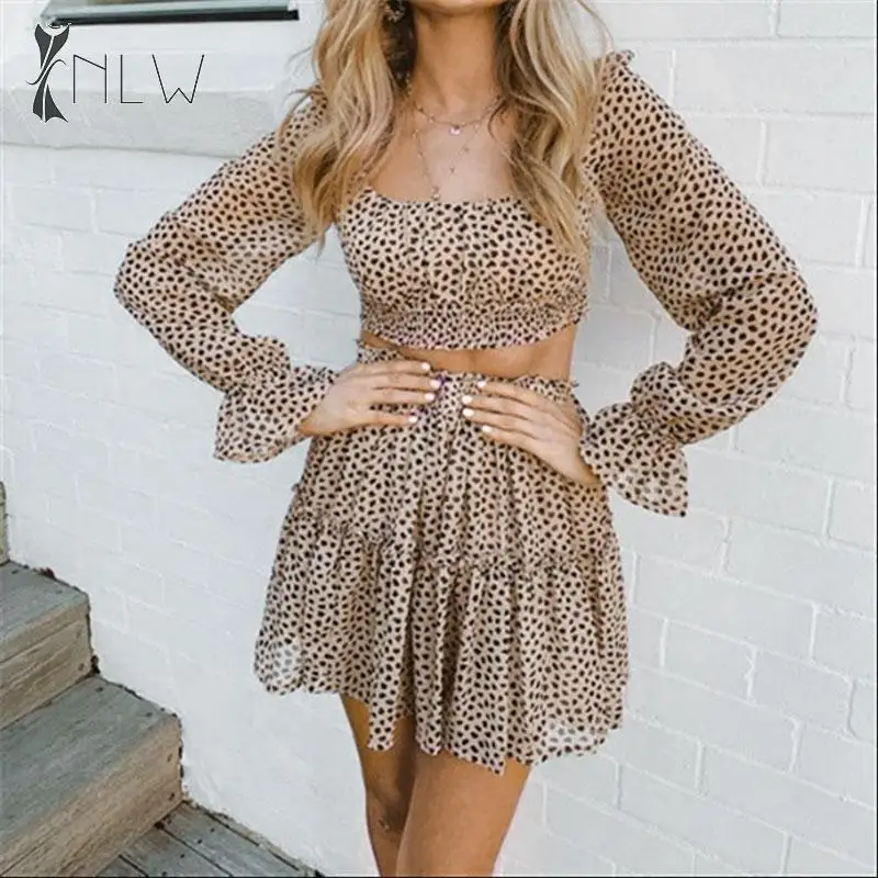 NLW Leopard Print Women Skirts Sets Autumn Winter Ruffle Plus Size Long Sleeve Crop Top High Waist Fashion Skirt Suits | Женская одежда