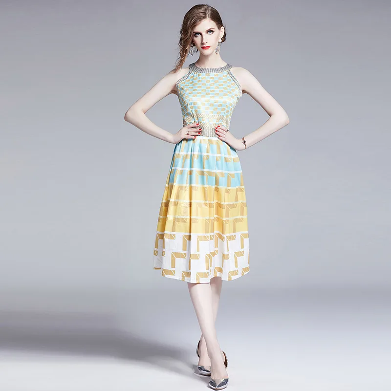 

2020 New Arrival Female Bohemian Dress Ladies Halter Color Contrast Print Slim Sexy Off the Shoulder Women Dresses