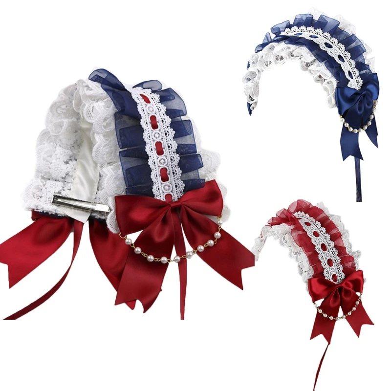 

Girl Ruffles Lace Headband Long Ribbon with Bowks Hair Hoop Gorgeous Pearl Chain Headwrap Sweet Anime Lolita Accessories