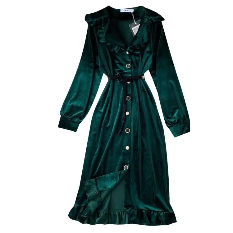 2019 Новое модное женское бархатное платье миди с высокой талией и длинными