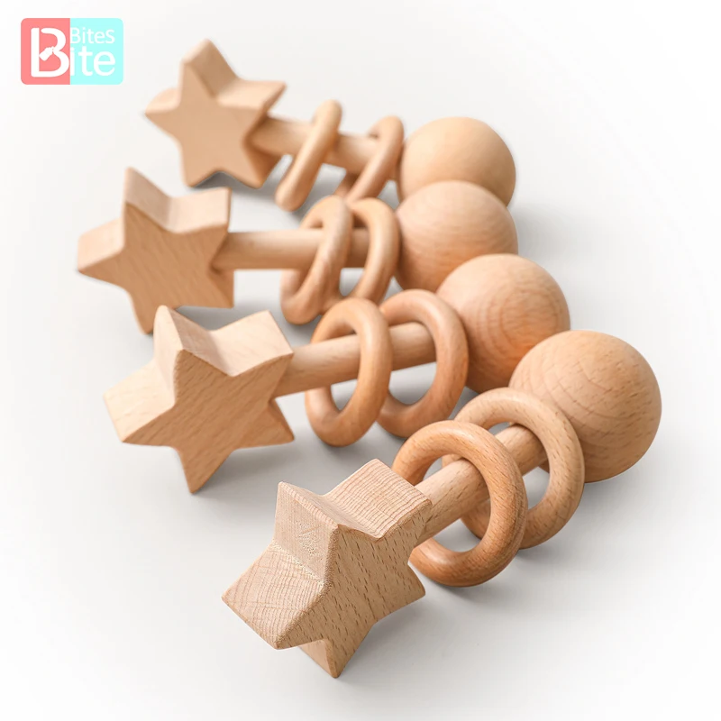 

Bite Bites 1PC Baby Beech Star Rattle Teething Wooden Kids Educational Toys Play Gym Montessori Stroller Toy Baby Teether