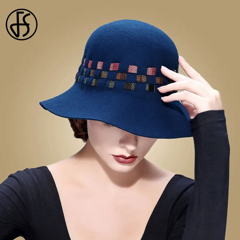 

FS Wide Brim Fedora Hats For Women Royal Blue Felt Cloche Wool Hat Chapeau Feminino Party Church Derby Dome Floppy Top Hats